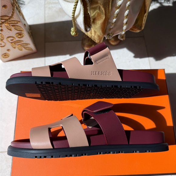HERMES H CHYPRE ROUGE H BEIGE PERLINO LEATHER SANDALS SHOES FLAT SLIDES 37 NIB - Picture 14 of 15